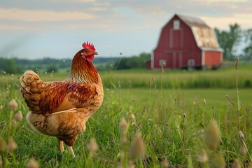 A serene summer scene in the countryside featuring chickens pecking in a lush green field, with a picturesque red barn in the background under a clear blue sky.