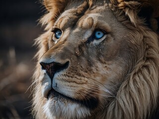 Wall Mural - Majestic lion with blue eyes in a monochromatic portrayal