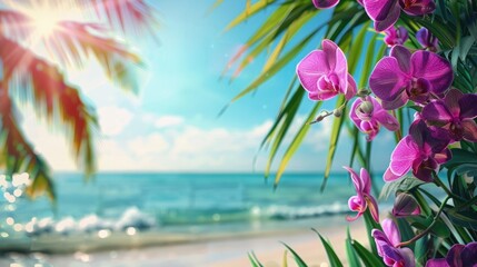 Wall Mural - Tropical flowers and purple orchid bloom in spring and summer with vivid sky and space for text