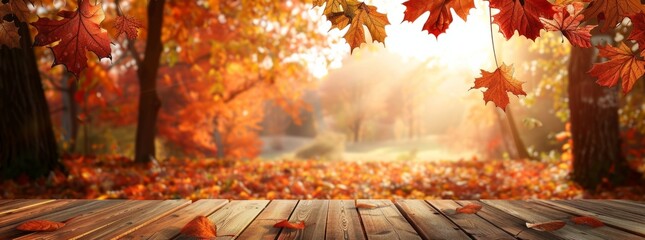 Wall Mural - Autumn background with wooden table and blurred autumn forest in the background.