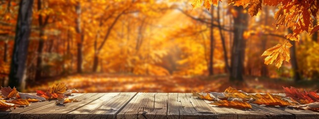 Wall Mural - Autumn background with wooden table and blurred autumn forest in the background.