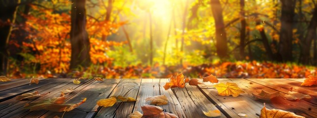 Wall Mural - Autumn background with wooden table and blurred autumn forest in the background.