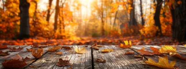 Wall Mural - Autumn background with wooden table and blurred autumn forest in the background.