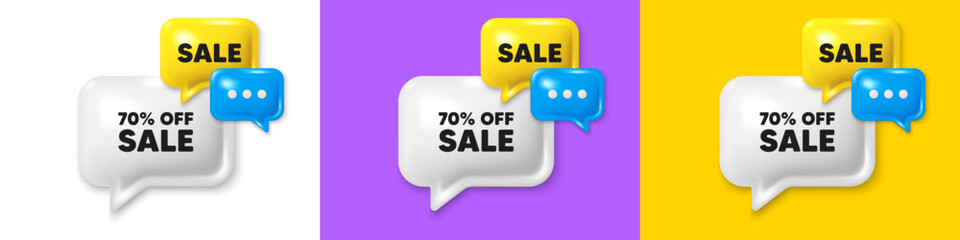 Sticker - Chat speech bubble 3d icons. Sale 70 percent off discount. Promotion price offer sign. Retail badge symbol. Sale chat text box. Speech bubble banner. Offer box balloon. Vector