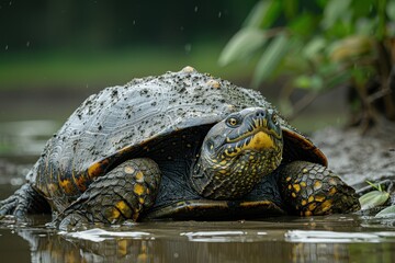 Wall Mural - A Yangtze giant softshell turtle emerging from a muddy riverbank, its large, flat shell and elongated neck seen clearly in the afternoon light. 