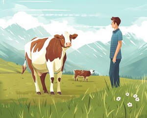 Illustrated Man and Cow in Idyllic Mountain Pasture