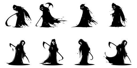 Wall Mural - four cute cartoon grim reaper silhouettes, white background