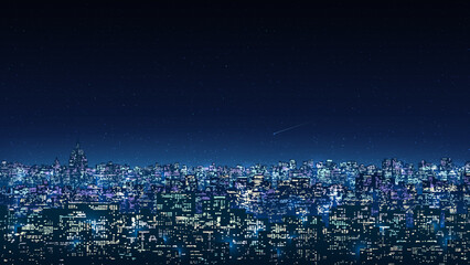 Poster - Cityscape, city buildings at night. City ​​skyline at nighttime. Night shining starry sky. Dark blue cityscape background with stars, nebula, meteor. Panoramic illustration, high resolution. Vector