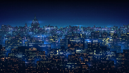 Poster - Cityscape, city buildings at night. City ​​skyline at nighttime. Night shining starry sky. Dark blue cityscape background with stars, nebula, meteor. Panoramic illustration, high resolution. Vector