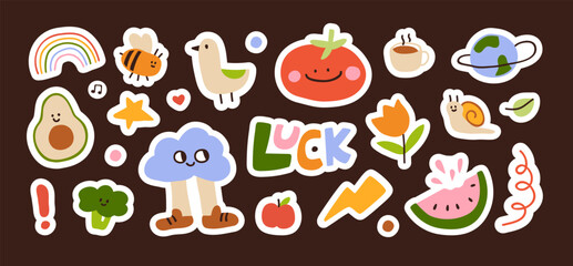 Aufkleber - Sticker pack, cute doodle kawaii funny elements in childish style. Playful cloud, avocado, rainbow, bee, flower clip arts. Colorful decor, decorations. Isolated kids flat vector illustrations
