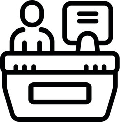 Poster - Simple line drawing of a reception desk with a person sitting behind it, offering help to clients