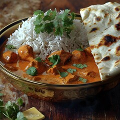 Vibrant Indian Chicken Tikka Masala Curry with Basmati Rice and Fluffy Naan Bread Garnished with Fresh Cilantro