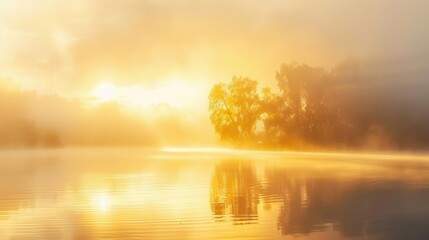 Wall Mural - ethereal sunrise over a misty river golden light piercing through morning fog reflecting off calm waters and silhouetting graceful trees along the shoreline