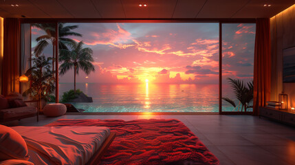 Wall Mural - The room with a bed and a window with a view of the sea sunset, the halo of the water shimmering, coconut trees in the distance