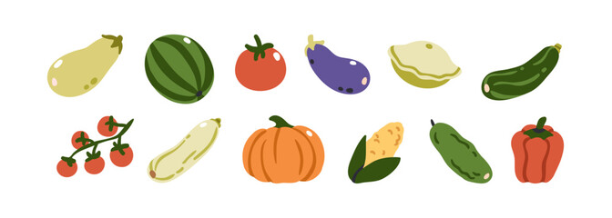 Wall Mural - Vegetables set. Eggplant, pattypan squash, zucchini, pumpkin, corn, bell pepper, cucumber, cherry tomato. Healthy veggies. Natural eating. Flat vector illustration isolated on white background