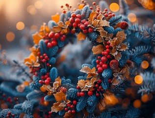 Wall Mural - Festive Christmas wreath adorned with red berries and holly leaves.