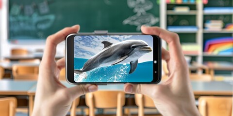 Poster - Augmented reality dolphins in a classroom, showcasing innovative education technology and interactive learning through digital displays