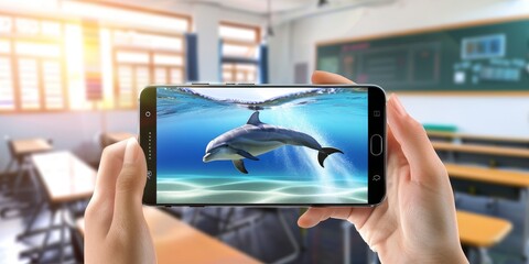 Poster - Augmented reality dolphins in a classroom, showcasing innovative education technology and interactive learning through digital displays