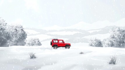 Wall Mural - A red jeep drives through a snowy landscape.