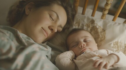 Mother sleeping next to her newborn baby