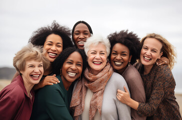 diverse group of women of all ages smiling and embracing each other in a joyful outdoor setting