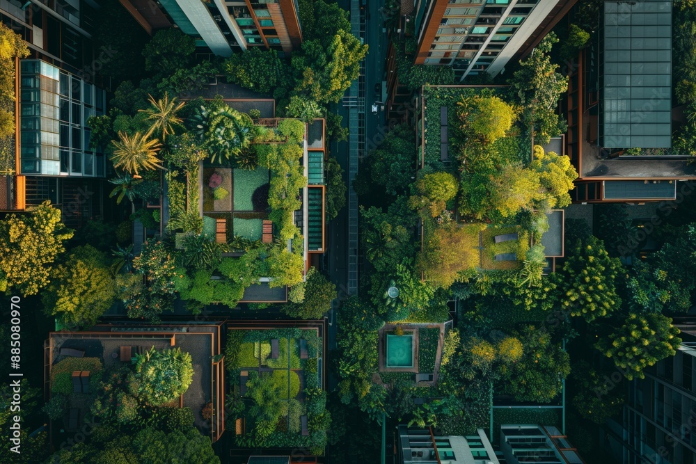 Aerial view of city rooftops transformed into lush gardens, green ...