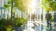 © Johannes - Blurred background of people walking in a modern office building with green trees and sunlight , eco friendly and ecological responsible business concept image with copy space