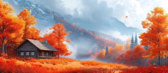 Wall Mural - Autumnal Cabin in a Misty Mountain Valley