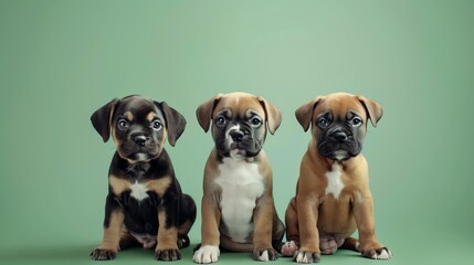 Canvas Print - Three puppies sit in a row in front of a green background.