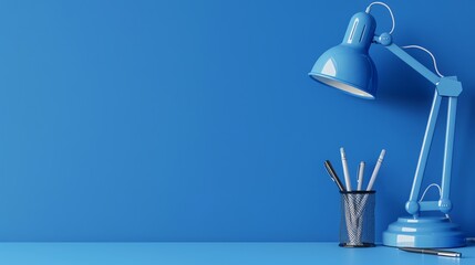 Poster - Blue desk lamp, pen holder, and pens on a blue desk and wall.