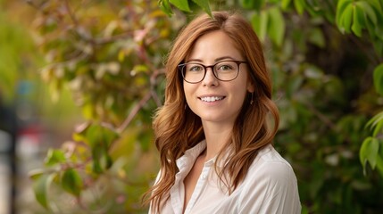 Wall Mural - Beautiful redheaded woman wearing glasses smiles in a park for a portrait