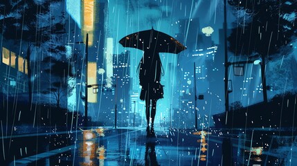 Poster - A lone figure walks down a rainy city street holding an umbrella.