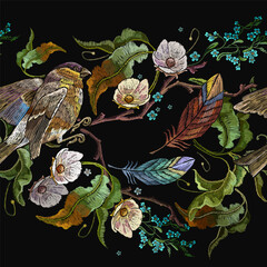 Wall Mural - White flowers, birds, flowering apple tree and colorful feathers. Fashion spring style. Seamless pattern. Embroidery design. Garden template for design of clothes, tapestry