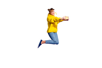 Canvas Print - Full length body size photo of beautiful jumping brunette she her lady with pretty buns hairdo selfie making taking with telephone wearing casual jeans yellow pullover isolated on purple background