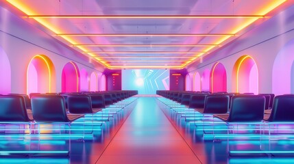 Sticker - Futuristic Neon Hallway with Seats.