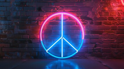 Poster - A neon peace sign glowing against a brick wall.