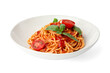 © New Africa - Delicious pasta with tomato sauce and basil in bowl isolated on white