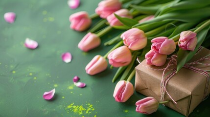 Aufkleber - Fresh pink tulip bouquet with gift box on green background for text