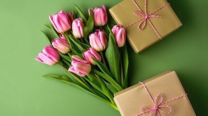 Aufkleber - Fresh pink tulip bouquet with gift box on green background for text