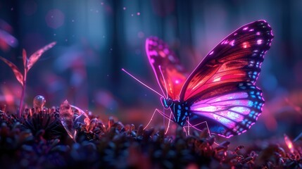 Poster - Neon Butterfly in a Dreamy Forest.