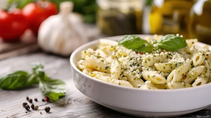 Wall Mural - A savory dish of penne pasta garnished with fresh basil, garlic, and a sprinkling of cheese, all beautifully drizzled with a rich and flavorful pesto sauce.