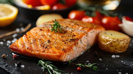 Wall Mural - Close-up of a delicious grilled salmon fillet paired with roasted new potatoes, cherry tomatoes, and fresh herbs, artistically arranged on a black slate surface.