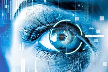 Leinwandbilder - A close-up of a human eye enhanced with digital technology, showcasing futuristic design and cybernetic innovation for data analysis and security