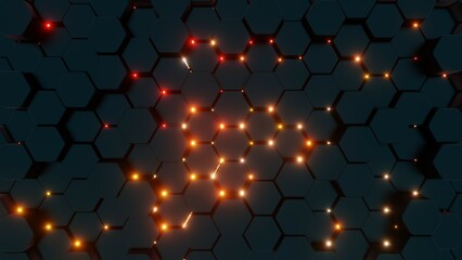 Poster - Futuristic Hexagonal Pattern with Red Illuminated Lines..