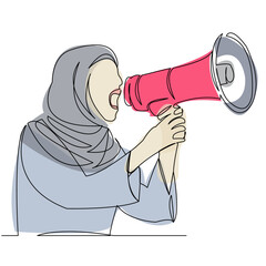 color illustration continuous single drawn one line girl female muslim woman speak into loudspeaker hand-drawn picture silhouette. line art doodle