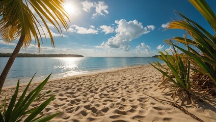 Poster - Nature's beauty golden beach, palm leaves, sun rays, sea, blue sky, clouds. Ideal summer vacation setting