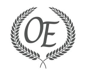 Wall Mural - Initial letter O and E, OE monogram logo design with laurel wreath. Luxury calligraphy font.