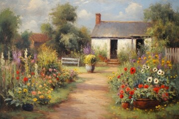 Wall Mural - Cottage flower garden painting art architecture.