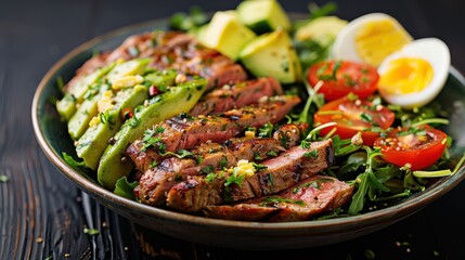 Wall Mural - A delectable grilled steak salad featuring perfectly grilled steak slices, avocado, boiled eggs, tomatoes, and fresh greens, offering a delightful and nutritious meal option.