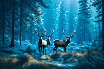 two wildlife reindeers in the forest blue nature landscape vector.